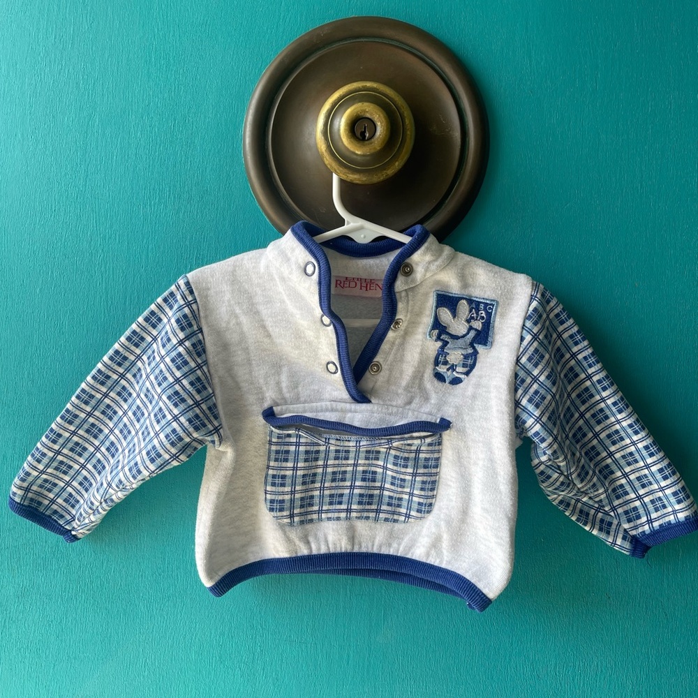 VTG 90s Little Red Hen Baby Boy Pullover Plaid Snap Neck Fleece Sweatshirt